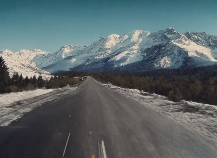 Image similar to A very high resolution image from a new movie, landscape from a car window , mountains, snowy, snowy mountains, Polaroid, directed by wes anderson