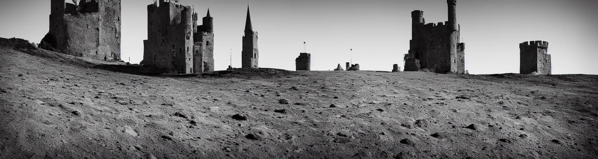 Image similar to landscape photography of the lunar surface with a spooky medieval castle tower on the far left