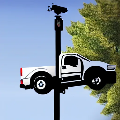 Image similar to truck dangling from atop a street light pole