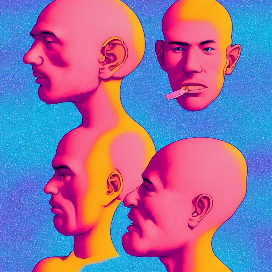 Prompt: a bubblegum portrait of a young bald bearded man holding a colorful blotter paper of lsd acid and dreaming psychedelic hallucinations in the vast icy landscape of antarctica, by soul bass, kawase hasui, moebius and edward hopper, colorful flat surreal design, xray hd, 8 k, artstation
