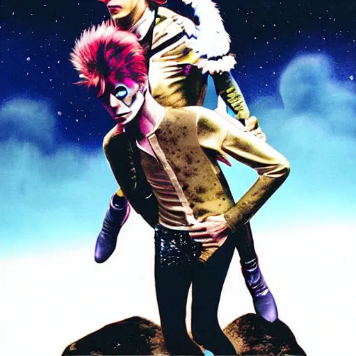 Image similar to david bowie getting a piggy back ride from ziggy stardust, digital art, glam rock