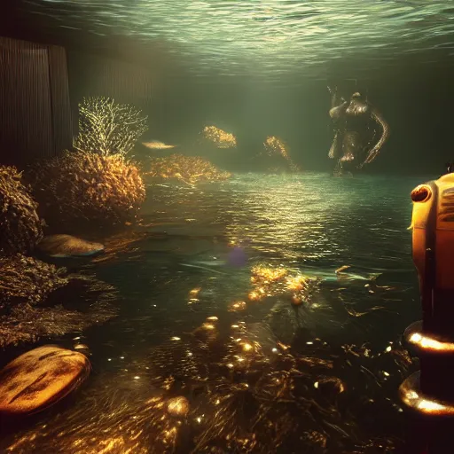 Prompt: rapture bioshock, city at sea floor, water, submerged, seaweed, fish, realistic, detailed, underwater, dark