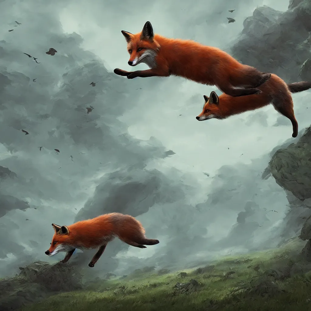 Prompt: fox flying through landscape, concept art, cinematic lighting, artstyle isaiah saxon
