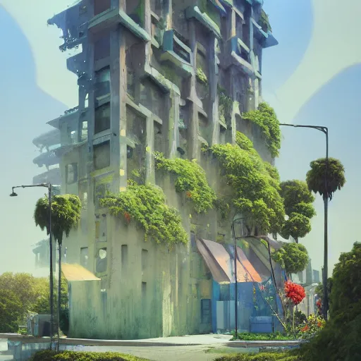 Image similar to a painting of a building surrounded by flowers, a watercolor and matte painting by Beeple and RHADS and maxfield parrish, cgsociety, brutalism, dystopian art, sci-fi, artstation hq