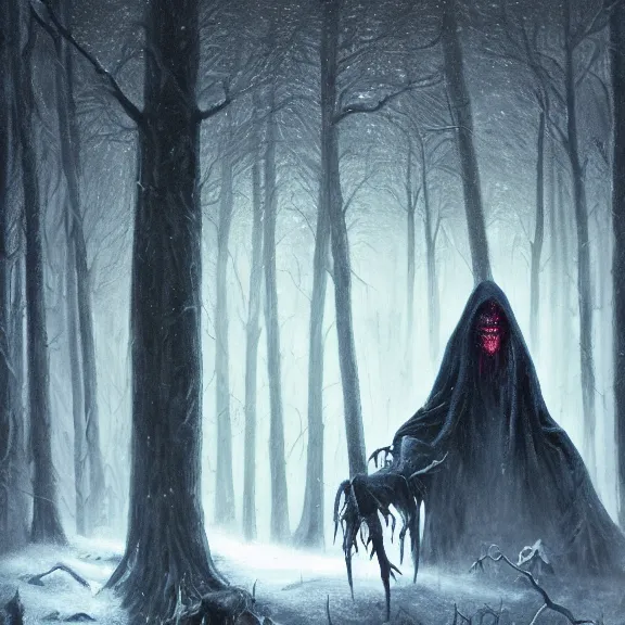 Image similar to cloaked humanoid wendigo feasting, nighttime located in a snowy dark forest, lurking horror, distant shot, dungeons and dragons, magic the gathering, forboding, high detail, oil painting, style of seb mckinnon