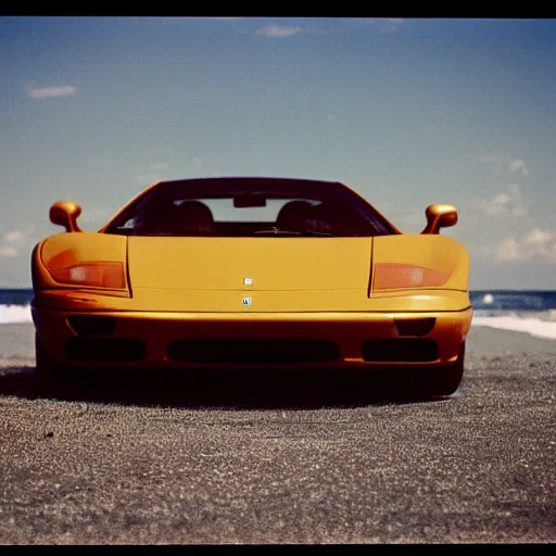 Image similar to “A wide shot of a Ferrari at the beach, dreamcore aesthetic, taken with a Pentax K1000, Expired Burned Film from 1930s, Softbox Lighting, 85mm Lens”