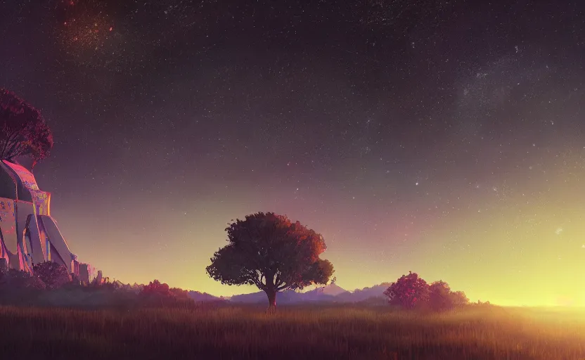 Image similar to A starry landscape with a giant thin tree, Low level, rendered by Beeple, Makoto Shinkai, syd meade, simon stålenhag, environment concept, synthwave style, digital art, unreal engine, WLOP, trending on artstation, 4K UHD image, octane render,