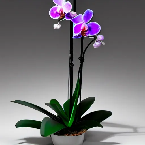 Image similar to an orchid flower made of metal, cybertronic, reflective, glowing