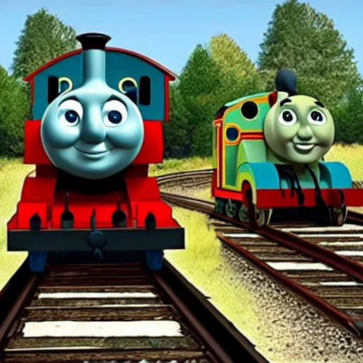 Image similar to A representation of the trolley problem: There is a runaway Thomas the tank engine barreling down the railway tracks. Ahead, on the tracks, there are five people tied up and unable to move. Thomas the tank engine is headed straight for them.