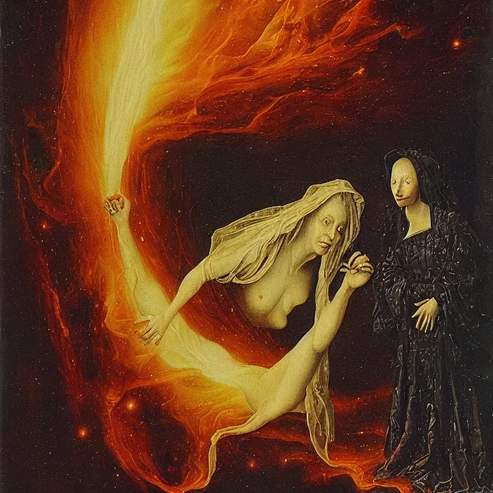 Prompt: a closeup portrait of a cloaked woman floating next to a demon nebula, demon nebula, by jan van eyck