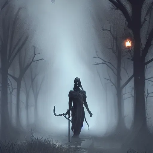 Prompt: death with a scythe on his shoulder walking surrounded by wandering souls, house garden, dramatic lighting, cinematic, establishing shot, extremly high detail, photorealistic, night, fog, post processed, concept art, artstation, 1 9 0 0's photo, style by greg rutkowsky