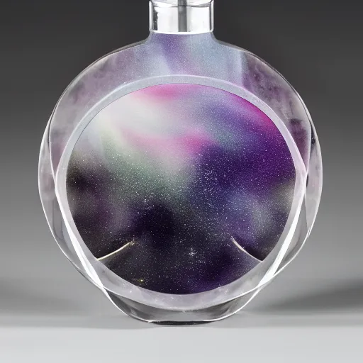 Image similar to perfume bottle surrounded by artistic galactic water waves