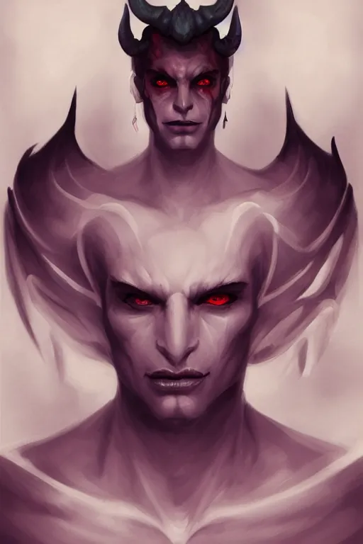 Image similar to djinn man male demon, portrait, full body character concept art, costume design, illustration, white horns from eyebrows, single face, cinematic color grading, editorial photo, fashion, hyperrealism, trending on artstation, Charlie Bowater, WLOP