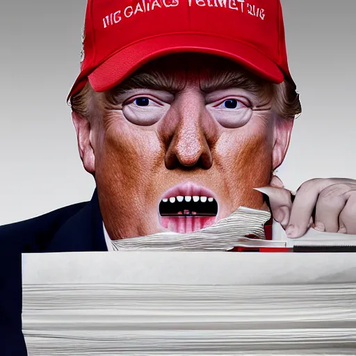 Image similar to candid portrait photo of president trump at his desk shoving crumpled papers into his mouth, chewing paper, eating paper, detailed portrait, 4 k, megapixel, sony a 7 s, f / 8, 2 4 mm lens