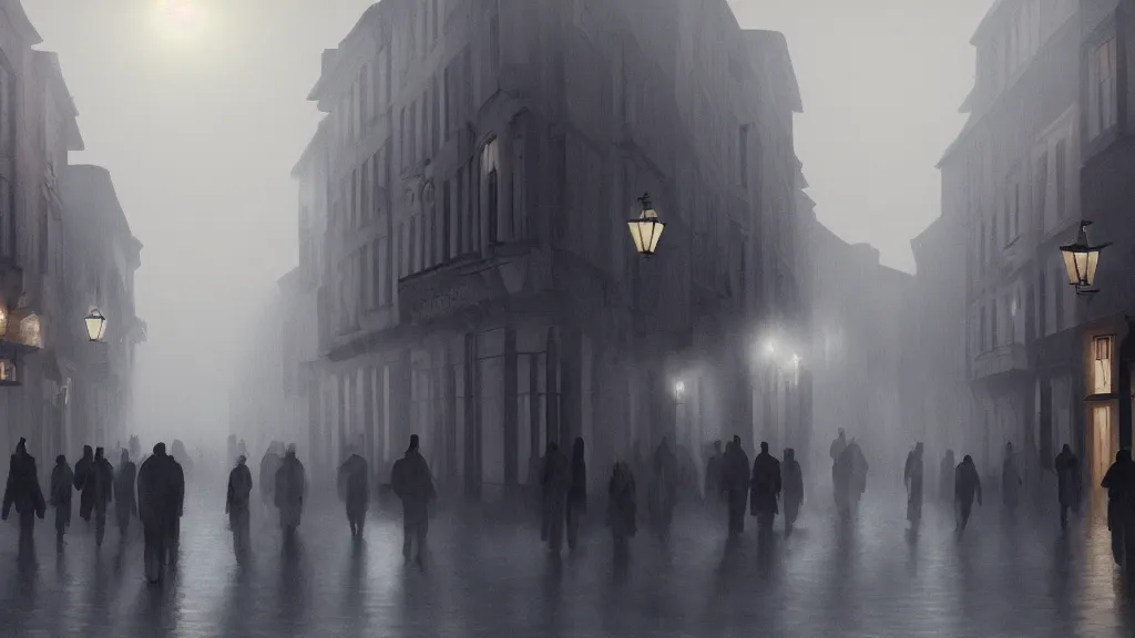 Image similar to dim sun over a crowd of people on street of the old town with houses in the windows of which the light is on. early morning, fog on ground, wet street. mike barr painting. volumetric light, dull colors, dark, noir arthouse, 3 5 mm, hight detalied, hd, 4 k