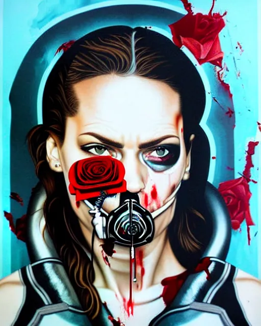 Image similar to portrait of a rogue agent wearing oxygen mask, has blood, rose, a pistol and a syringe needle with sea background intricate details with horror side profile by Sandra Chevrier