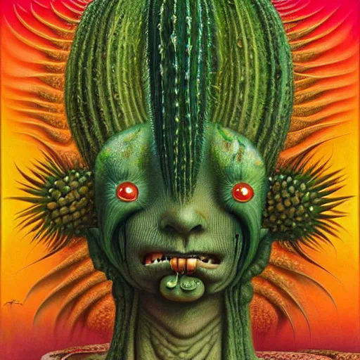 Prompt: an anthropomorphized cactus having an ego trip under lsd, by alex grey, by Esao Andrews and Karol Bak and Zdzislaw Beksinski and Zdzisław Beksiński, trending on ArtStation