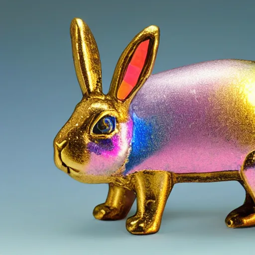 Prompt: iridescent bunny with rainbow colored crystals and gems in the king's treasury.