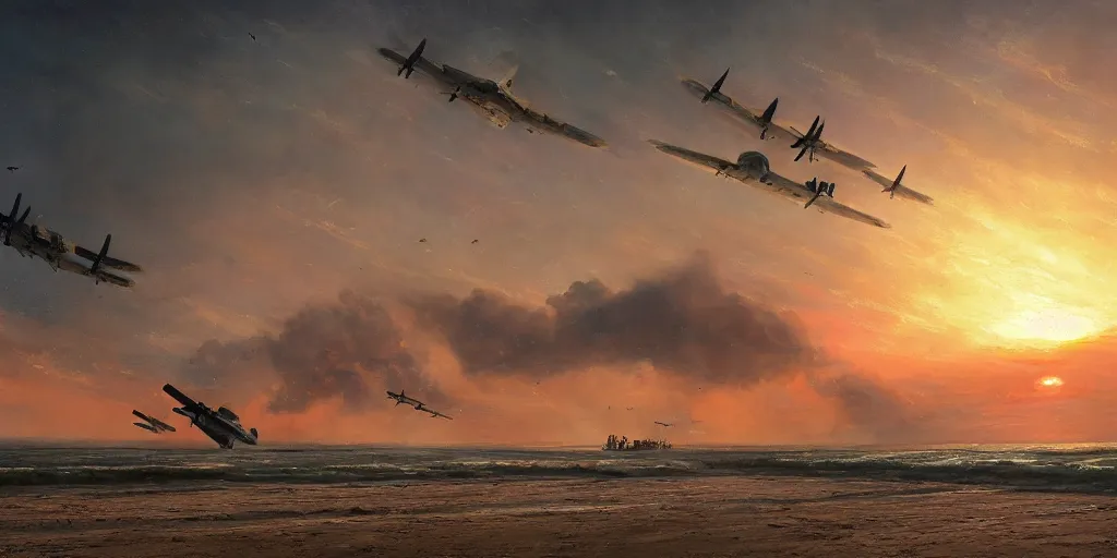 Prompt: normandy!!!!!, 1 9 4 5, airplanes bombing the beach, sunset, sadness, ( ( painting ) ) by jessica rossier and ivan shishkin, ultra realistic!!!, d - day, smoke, highly detailed, the landings, soldiers charging in, chaos!!!, fire, cinematic, wide shot, destroyed tanks, ray tracing