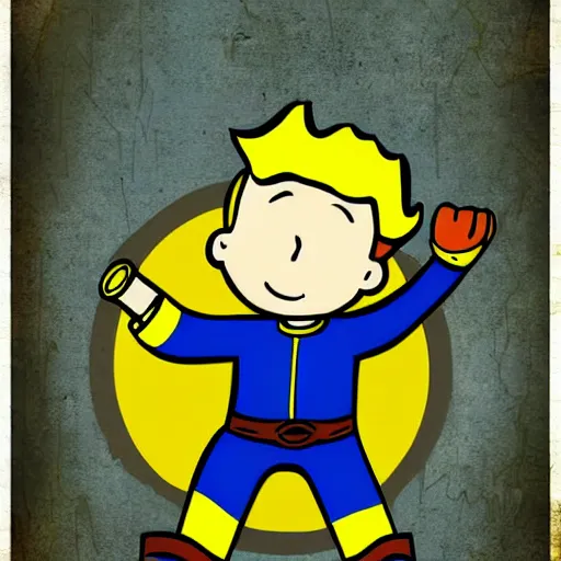 Image similar to digital art cold war poster of vault boy from fallout 3 game,