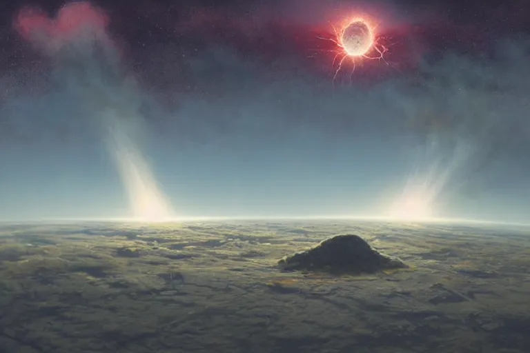 Image similar to View from space, earth in frame, a large comet hitting Earth, Les Edwards, Zdzislaw Beksinski, Carl Gustav Carus, John Harris, Michal Karcz, Zhang Kechun, Mikko Lagerstedt, Scott Listfield, Steven Outram, Jessica Rossier