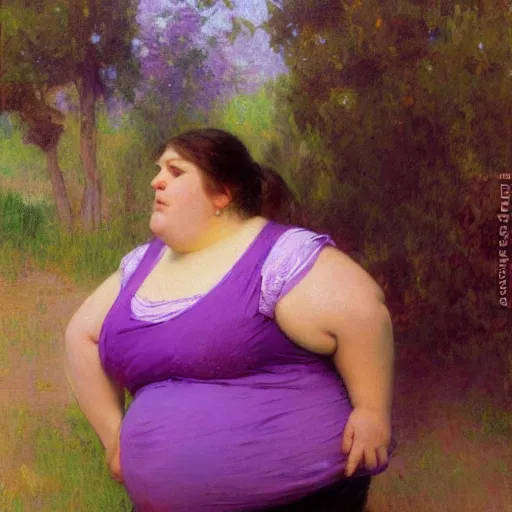 Image similar to a woman in a purple shirt with an obese body type, painting by Gaston Bussiere, Craig Mullins