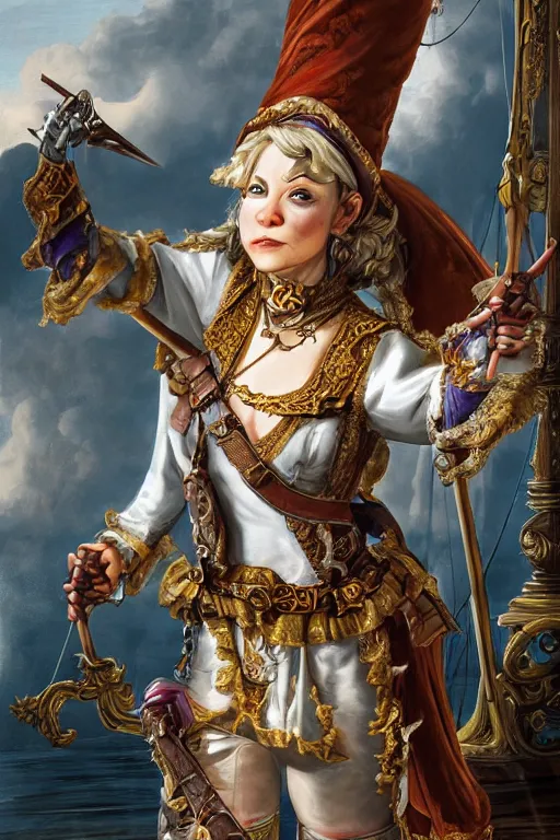 Image similar to digital painting, of a swashbuckling gnome on her clockwork ship , baroque, ornate clothing, realistic, hyperdetailed, chiaroscuro, concept art, art by Franz Hals