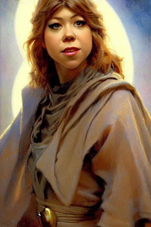 Image similar to detailed portrait of jennette mccurdy dressed as jedi, painting by gaston bussiere, craig mullins, j. c. leyendecker