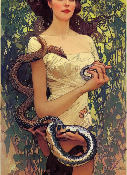 Prompt: an art nouveau copic maker portrait of a woman with a snake by john berkey by stanley artgerm lau, alphonse mucha, loish, norman rockwell