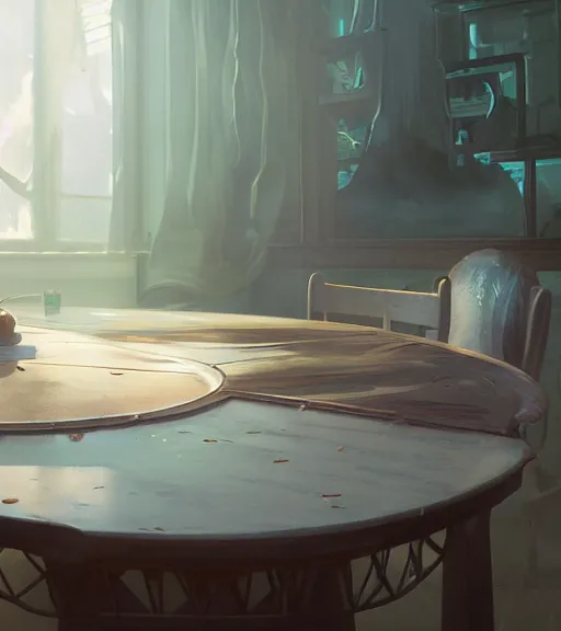 Image similar to highly detailed spilled milk on the table, unreal engine, loish, rhads, makoto shinkai and tom bagshaw, reflective global illumination, god rays, detailed and intricate environment