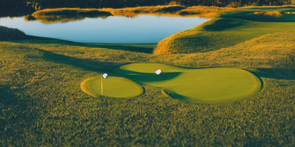 Image similar to a great photograph of the most amazing golf hole in the world completely surrounded by water, calm water, perfect light, ambient light, miniature, tilt shift lens, golf digest, top 1 0 0, fog