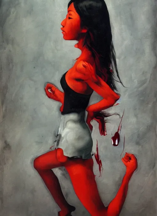 Prompt: stunning asian college girl standing on her knees, frozen cold stare, scream, startled, blood red background, transparent gray skirts, stockings, crows swarming trapped in the void as a symbol of death, in style of surrealism of Francis Bacon painting, Ilya Kuvshinov, John Singer Sargant, impasto textures of Chaim Soutine and Frank Auerbach, American Gothic, Japanese Gothic, strange cinematic light