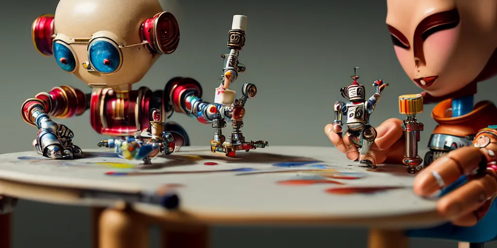 Image similar to closeup portrait of tin toy retro robot painter mixing gouache on white paper table in an artist workshop, depth of field, zeiss lens, detailed, centered, fashion photoshoot, by nicoletta ceccoli, mark ryden, lostfish, breathtaking, 8 k resolution, extremely detailed, beautiful, establishing shot, artistic, hyperrealistic, octane render