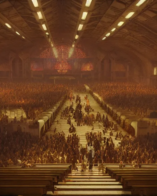 Image similar to craig mullins digital matte art of a crowd in a futuristic church, priest, pews, ethereal, inviting, bright, unreal engine, hyper realism, realistic shading, cinematic composition, realistic render, octane render, detailed textures, photorealistic, wide shot