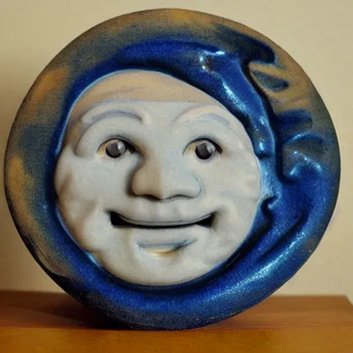 Image similar to hummel figurine of the moon, man in the moon, ceramic, smiling moon, photograph, fine art, glazed ceramic, kitsch,