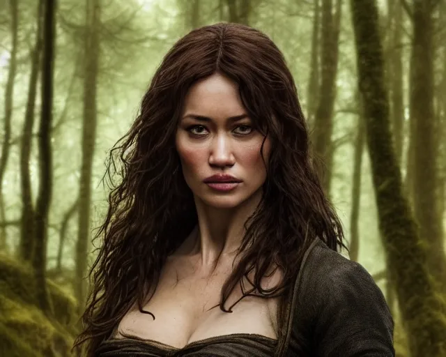 Image similar to 5 5 mm portrait photo of olga kurylenko as real life tough looking yennefer of vengerberg, in a forest. magical atmosphere. art by greg rutkowski. highly detailed 8 k. intricate. lifelike. soft light. nikon d 8 5 0.