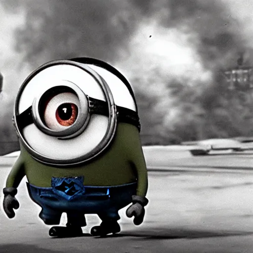 Prompt: grainy 1 9 4 0 s photo of minion from despicable me in ww 2