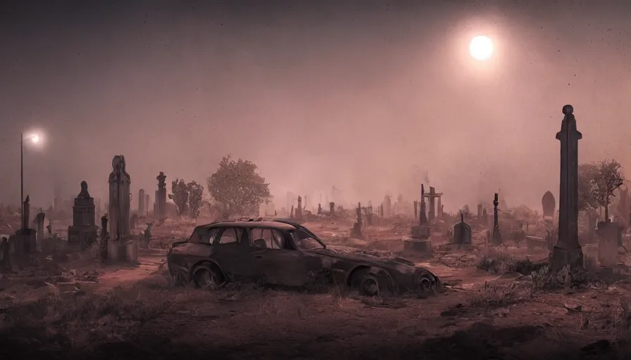 Prompt: Abandoned cemetery in Mad Max with lights at night, hyperdetailed, artstation, cgsociety, 8k