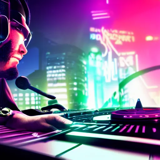 Image similar to electronic dj, dj performing live streaming to online, focus on dj turntables, cyberpunk 2 0 7 7, cyberpunk, photorealistic, ultra detailed, neon, octane, bokeh, cinematic lighting, cyber, cyberpunk city, headphones, studio quality, feature, scars, cyberface, 8 k