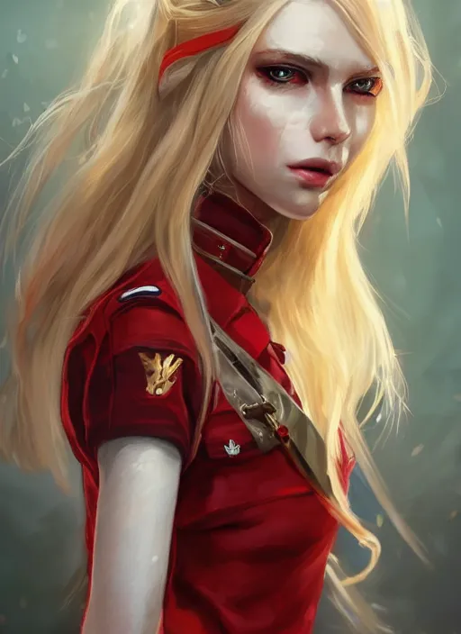 Image similar to a highly detailed illustration of beautiful long dirty blonde haired pale girl wearing red epaulette uniform, red eyes, dramatic seductive pose, intricate, elegant, highly detailed, centered, digital painting, artstation, concept art, smooth, sharp focus, league of legends concept art, WLOP