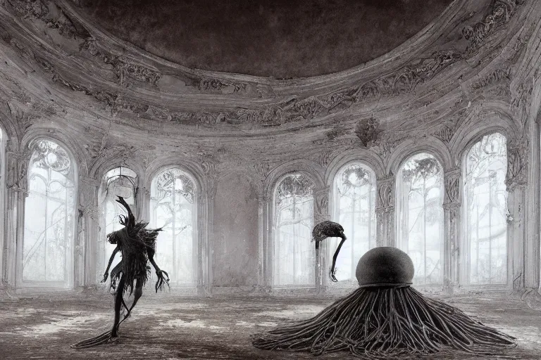 Image similar to a highly detailed beautiful painting of a domed abandoned ballroom, rot decay and vines, in center an elegant male dancer on flamingo legs, by salvador dali and zdzisław beksinski, artstation, dramatic lighting