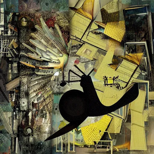 Prompt: a mechanical bird wanders between the virtual realms of urban informatics and computational social science, collage artwork by dave mckean and ivan shishkin and roberto matta