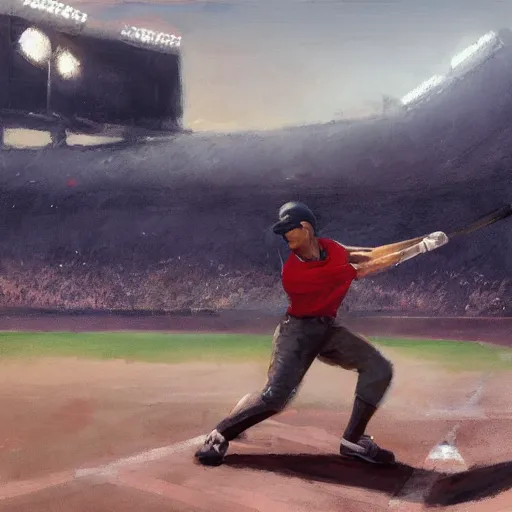 Image similar to baseball player hitting the ball with the baseball bat in the middle of the game and in front of everyone in the stadium, james gurney painting style, greg rutkowski, artstation