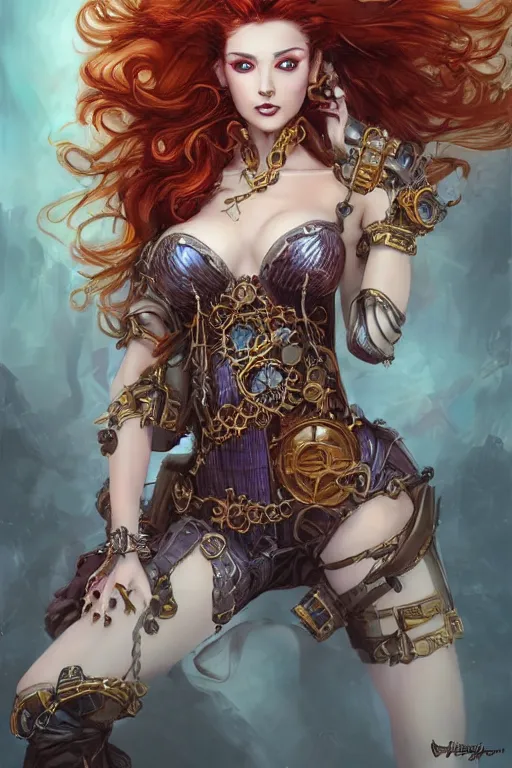 Image similar to three-quarters pose portrait of sensual Lady Mechanika, very beautiful young woman, ginger wavy hair, Intricate, steampunk imagery themed, D&D!, fantasy style, sharp focus!, ultra detailed, art by Artgerm and Peter Andrew Jones, WLUP