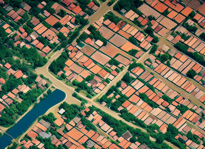 Prompt: realistic documentary aerial photo of a village with many roads and 1 9 9 0, life magazine reportage photo, neutral colors, neutral lighting