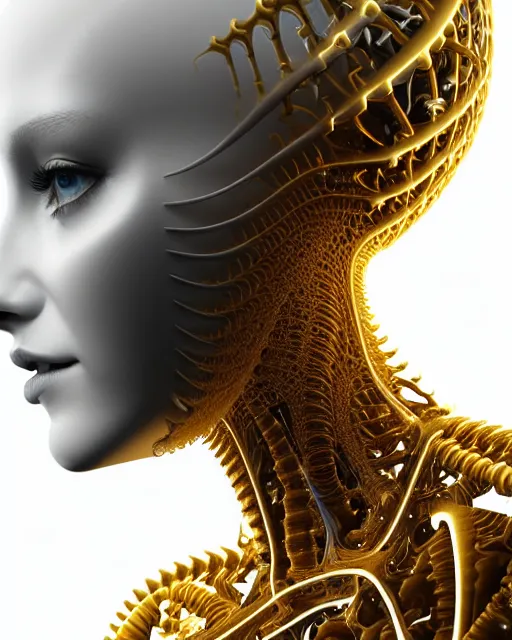 Prompt: white background, halo, dreamy foggy elegant soft luminous bw profile face 3 d render of a beautiful young golden biomechanical - female - cyborg with a delicate detailed gold mandelbrot fractal texture skin and a very long neck with white gothic pearl embroidered collar, white smoke atmosphere, rim light, hg giger, 8 k