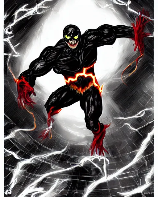 Image similar to venom as the flash, dynamic lighting, fantasy concept art, trending on art station, stunning visuals, creative, cinematic, ultra detailed, terrifying, black lightning, comic strip style