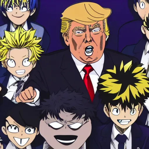 Image similar to donald trump starting in my hero academia ( high detailed, greatly illustrated, good quality, uhd, great render image, 4 k )