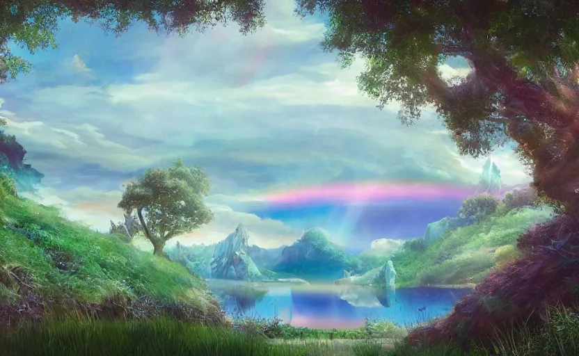 Image similar to a beautiful art of lake in foregraund and rainbow colored sky on background by Miyazaki Nausicaa Ghibli, 8K, hyper detailed, 20K, realistic, product lighting, by onesal, by sixnfive , behance 3d , studio photography DSLR, Photoreal epic composition