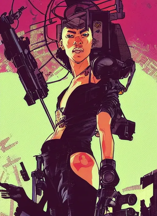 Image similar to selina igwe. cyberpunk mercenary with scenic background. portrait illustration, pop art, art by ashley wood, alphonse mucha, laurie greasley and josan gonzales. cinematic. beautiful lighting.